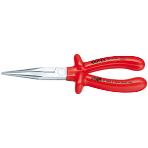 Draper Knipex 26 17 200 Fully Insulated Long Nose Pliers, featuring red handles and constructed from durable vanadium steel, are ideal for electrical work.