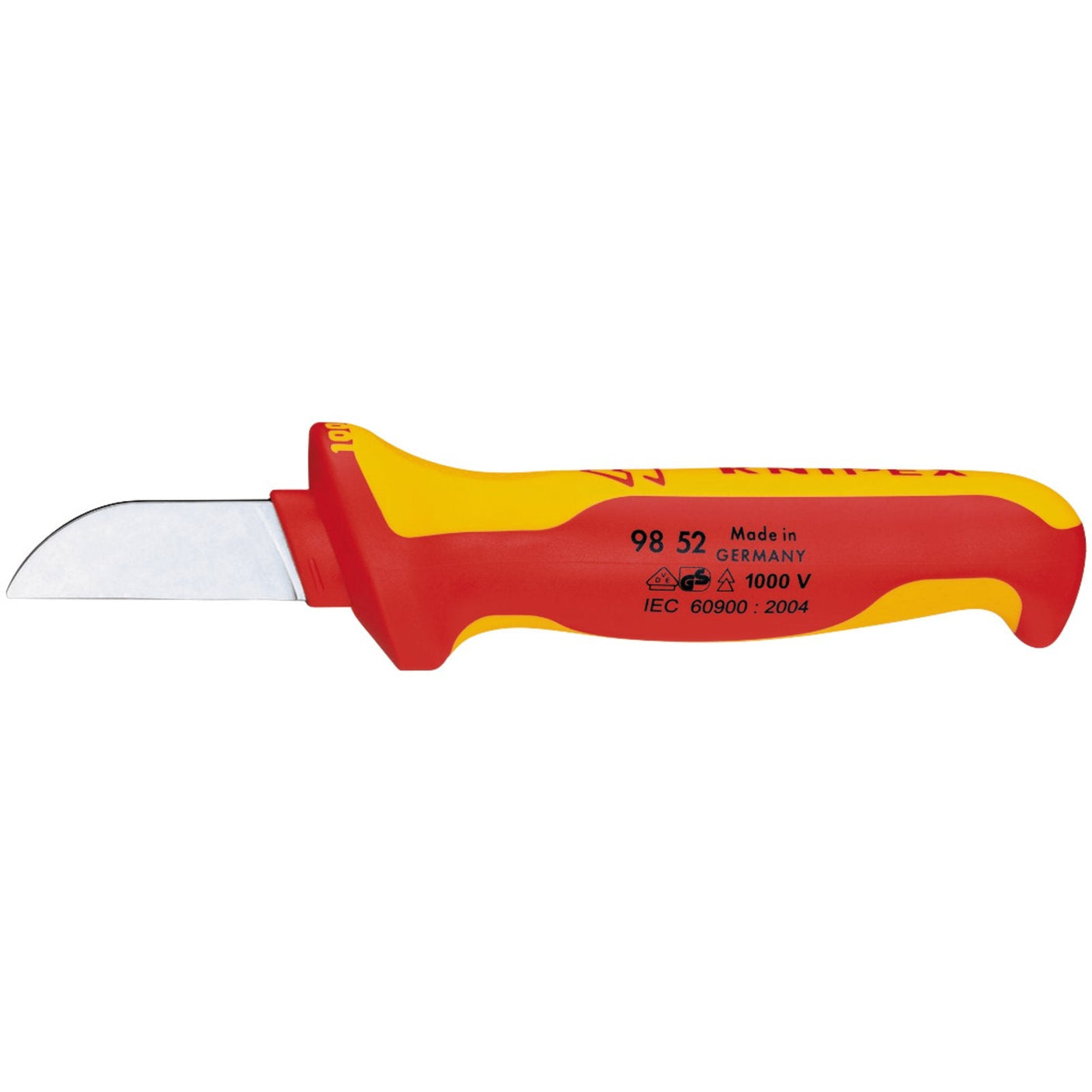 The Draper Knipex 98 52 Fully Insulated Cable Knife, 180mm - 98 52, is a red and yellow electrician's knife featuring an insulated handle and a curved blade. This professional-quality tool is compliant with EN60900 standards and is made in Germany.