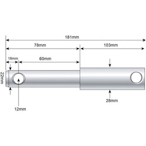 Technical drawing of the Sparex Lower Link Weld On Implement Mounting Pin 22 - 28x181mm Cat. 1/2 (Part No. S.214) with an overall length of 181mm, featuring sections measuring 78mm and 103mm. The pin diameter ranges from Ø18mm to Ø12mm, ending at Ø28mm.