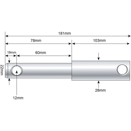 Technical drawing of the Sparex Lower Link Weld On Implement Mounting Pin 22 - 28x181mm Cat. 1/2 (Part No. S.214) with an overall length of 181mm, featuring sections measuring 78mm and 103mm. The pin diameter ranges from Ø18mm to Ø12mm, ending at Ø28mm.