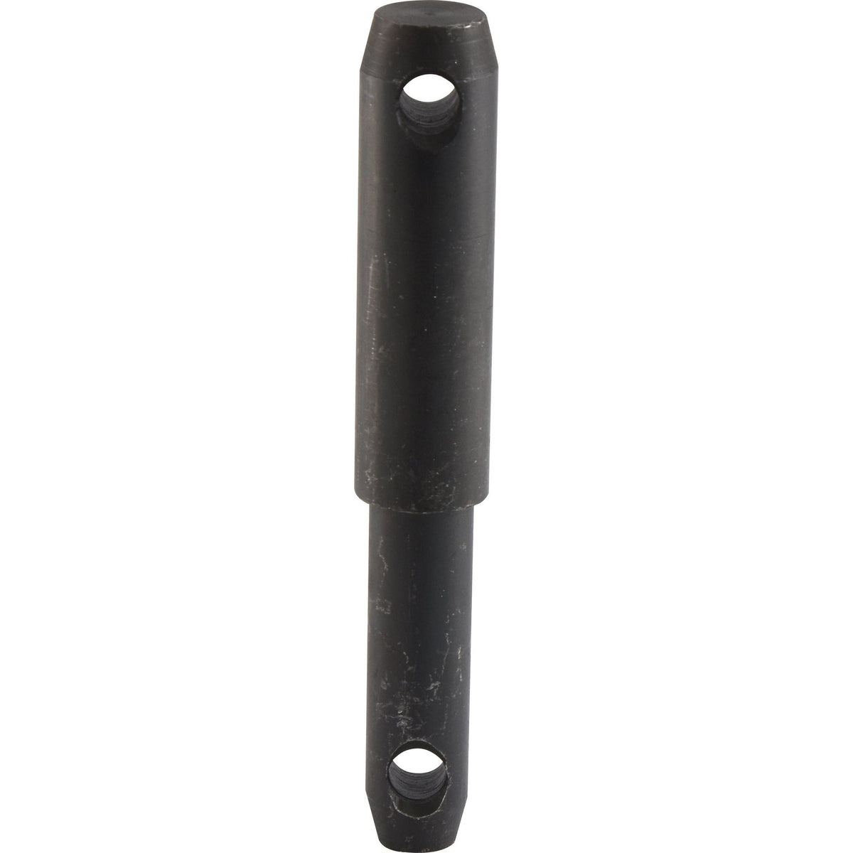 A black, cylindrical metal rod named Lower Link Weld On Implement Mounting Pin 22 - 28x181mm Cat. 1/2 from Sparex (Sparex Part No.S.214), with an overall length determined by holes on both ends, positioned vertically.