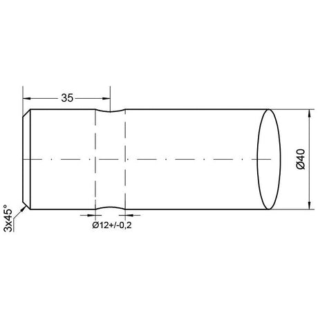 Technical drawing of the Loader Tine - Straight 1,250mm (Star) - S.21533 by Sparex, featuring a cylindrical pin fitting with a diameter of 40 mm, length of 35 mm, and a smaller diameter section of 12 mm. One end features a 45-degree chamfer.