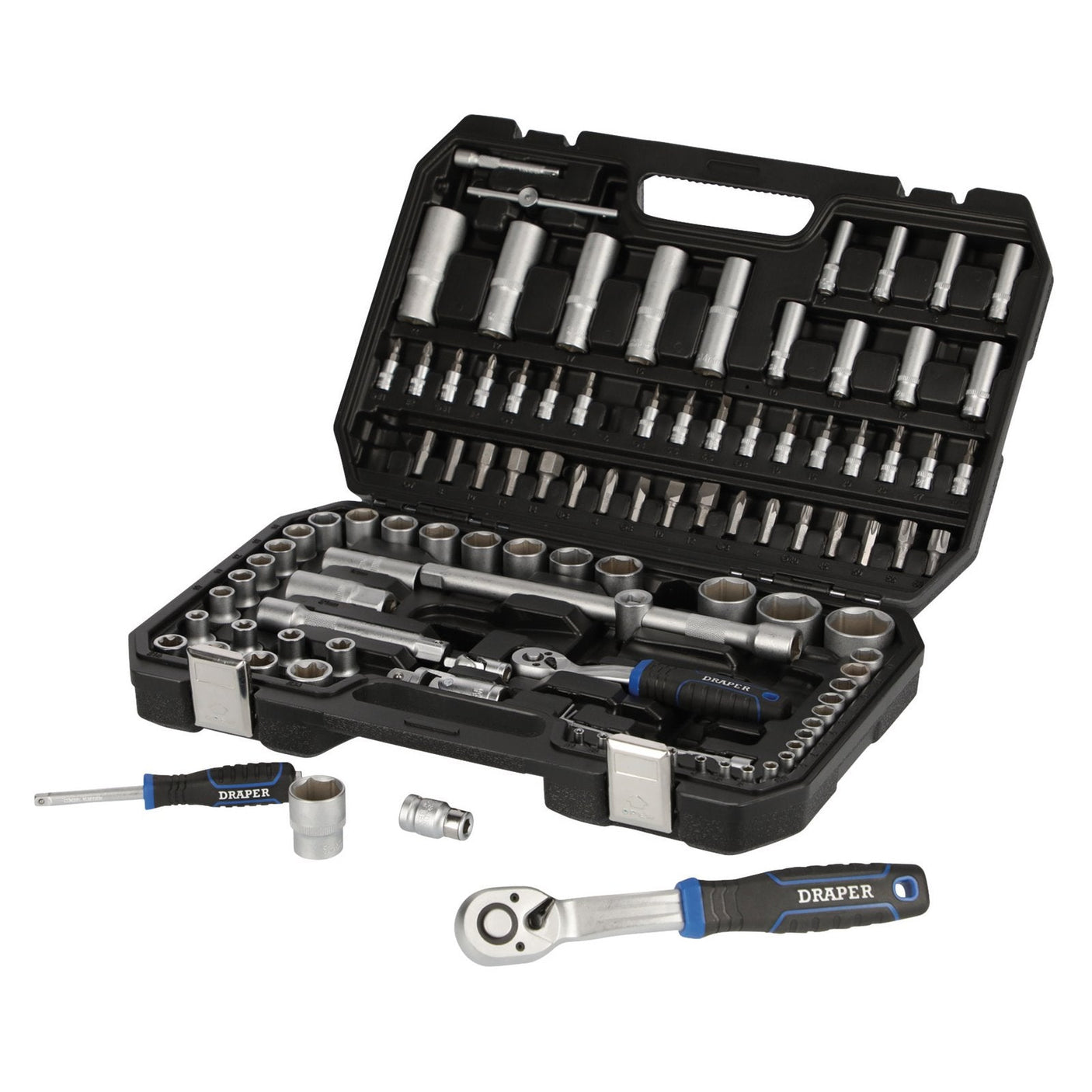 The Draper Hi-Torq® Metric Socket Set, 1/4" & 1/2" Sq. Dr. (108 Piece) - TK108M/SG, is crafted from durable chrome vanadium steel and includes various sockets, 72-tooth ratchets, and extensions neatly arranged in a black plastic case, with some tools placed outside the case.