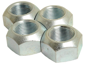 Four shiny, metallic Loader Tine Nuts M28 from Sparex (Agripak 4 pcs., Part Number: S.21547) arranged in a close grouping.