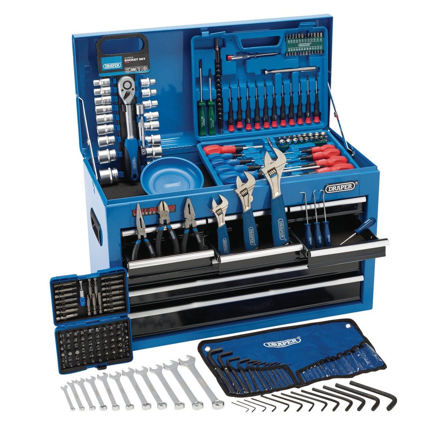 The Draper Top Chest Tool Kit, 9 Drawer (216 Piece) - COMBO by Draper features a blue toolset with over 200 workshop tools, including screwdrivers, wrenches, pliers, hex keys, cutters, and drill bits. It is organized in a secure integral locking system with pull-out drawers and a removable top section.