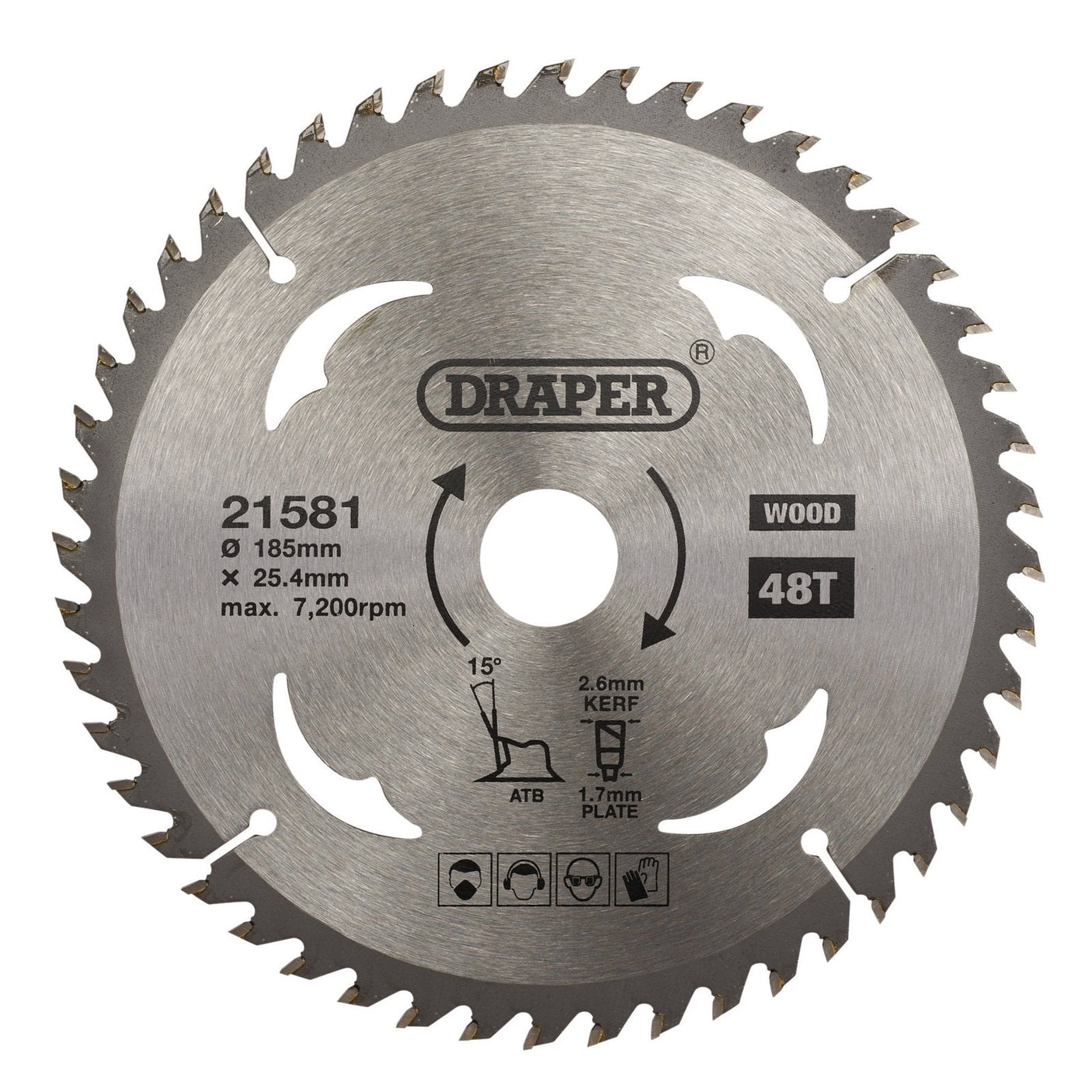 The Draper Tct Circular Saw Blade For Wood, model SBW5, features a silver Tungsten carbide tipped edge with 48 teeth. It has a diameter of 185 mm, an arbor size of 25.4 mm, and can reach speeds up to 7,200 RPM, making it ideal for cutting wood.