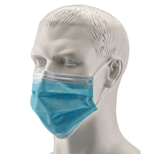 A statue head wearing a Draper Single Use Medical Face Mask, which is blue and designed according to EN 14683 Specifications for maximum bacterial filtration efficiency.