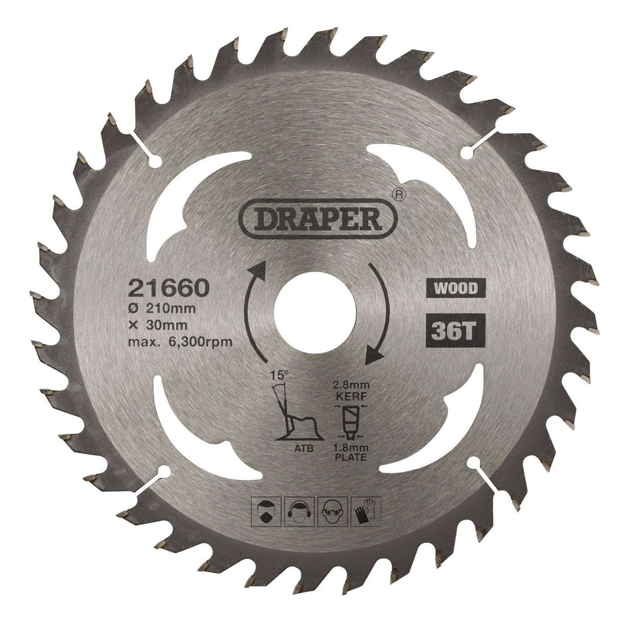 A "Draper Tct Circular Saw Blade For Wood, 210 X 30mm, 36T - SBW8" featuring a diameter of 210mm and a bore size of 30mm, equipped with 36 teeth and safety icons. Suitable for cutting wood.