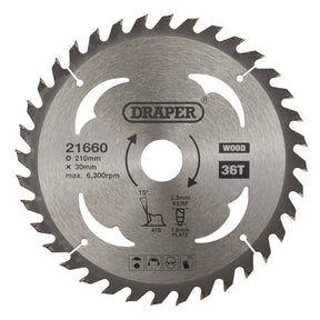 A "Draper Tct Circular Saw Blade For Wood, 210 X 30mm, 36T - SBW8" featuring a diameter of 210mm and a bore size of 30mm, equipped with 36 teeth and safety icons. Suitable for cutting wood.