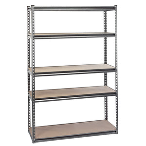 The Draper Heavy Duty Steel Shelving Unit, featuring five wooden shelves and a tall, high-quality steel frame (L1220 x W450 x H1830mm), stands empty.