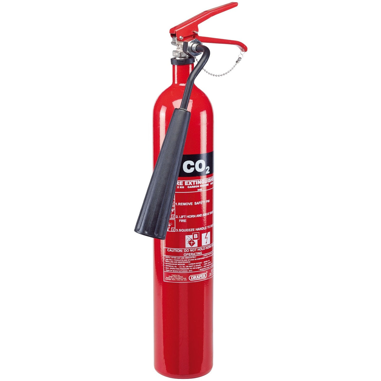 The Draper Carbon Dioxide Fire Extinguisher, 2Kg - FIRE3B by Draper features a red body with labels, a black discharge horn, and a red lever handle secured by a safety pin. Ideal for Class B and C fires involving flammable liquids, it includes a wall mounting bracket for easy access.