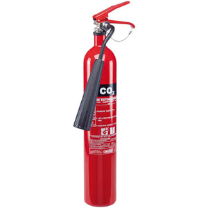 The Draper Carbon Dioxide Fire Extinguisher, 2Kg - FIRE3B by Draper features a red body with labels, a black discharge horn, and a red lever handle secured by a safety pin. Ideal for Class B and C fires involving flammable liquids, it includes a wall mounting bracket for easy access.