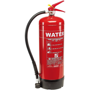 The Draper Pressurized Water Fire Extinguisher, 9L - FIRE5B, features clear instructions for use on the front. It is equipped with a black hose, a safety pin at the top, and includes a wall mounting bracket. Ideal for Class A fires, this refillable extinguisher from Draper is both practical and efficient in emergency situations.