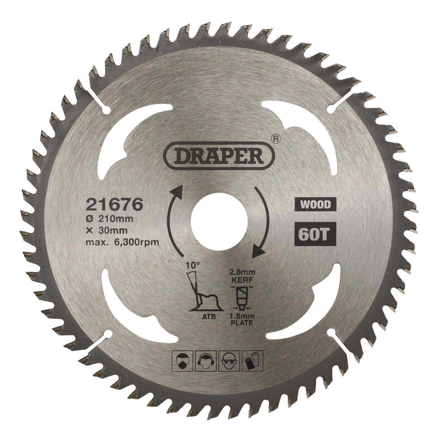 The Draper Tct Circular Saw Blade for Wood, 210 x 30mm, 60T (SBW10), manufactured by Draper, is designed for precision and durability in tough woodworking tasks. It features a 210mm diameter blade with a 30mm bore and has a maximum speed of 6,300rpm. The blade is equipped with wear protection labels to ensure extended usage and optimal performance. 

Note: No product description available.