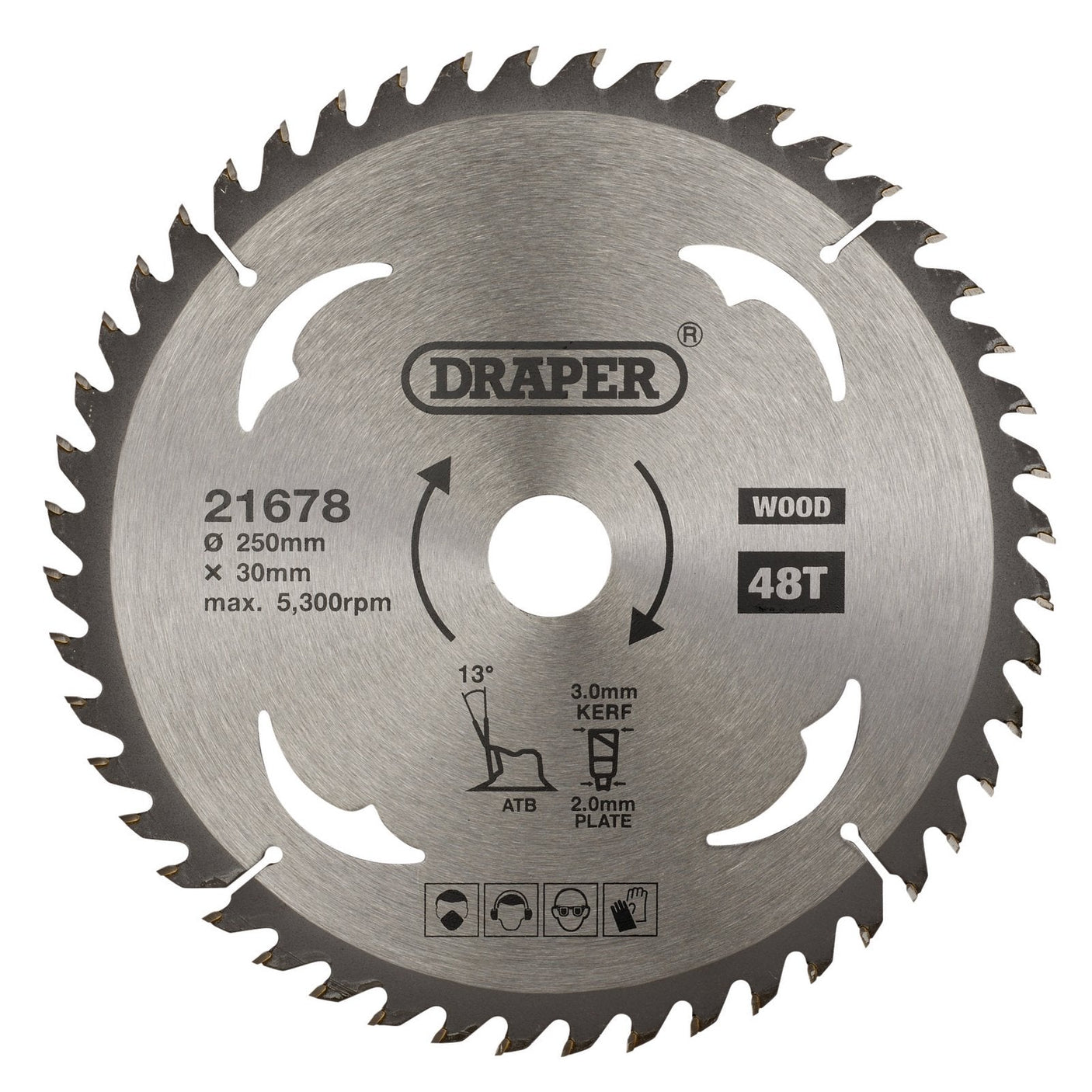 A Draper Tct Circular Saw Blade For Wood, model SBW11, featuring a 250mm diameter and a 30mm bore size, with 48 teeth (48T), crafted from tempered carbon steel and designed for optimal performance at a maximum speed of 5,300 rpm. The blade includes safety icons and usage instructions to ensure proper handling.