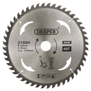 A Draper Tct Circular Saw Blade for wood, marked "Draper," constructed from tempered carbon steel with specifications: 255mm diameter, 30mm bore, 48 teeth, max 5200rpm, 15° angle, 2.4mm kerf, and a plate thickness of 1.8mm (model SBW14).