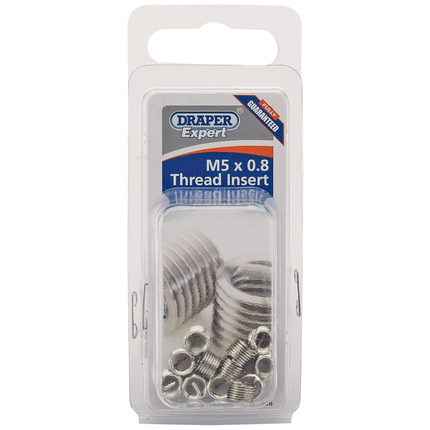 Package of Draper Metric Thread Insert Refill, M5 x 0.8 (Pack of 12) - ADHCK-A, showcasing multiple stainless steel thread inserts inside a clear plastic container with labeling on the cardboard backing. This Draper Metric Insert Kit ensures expert quality for your projects.