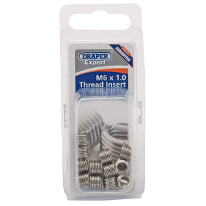 Plastic packaging containing several stainless steel thread inserts. The label reads "Draper Metric Thread Insert Refill, M6 x 1.0 (Pack Of 12) - ADHCK-A." Perfect for anyone looking for reliable and durable components, these are a great addition to Draper Metric Insert Kits.