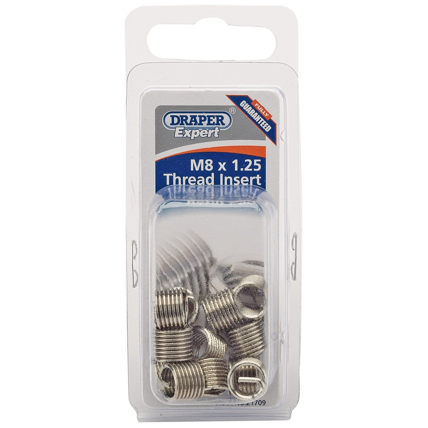 The packaging of the Draper Metric Thread Insert Refill, M8 x 1.25 (Pack of 12) - ADHCK-A is shown in a clear plastic case, featuring several coiled stainless steel thread inserts inside.