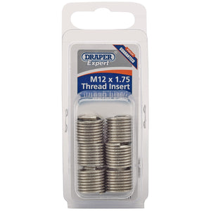 A blister pack containing six coiled, stainless steel thread inserts labeled "Draper Metric Thread Insert Refill, M12 x 1.75, Pack of 6 - ADHCK-A," perfect for your Draper Metric Insert Kits needs. Display packed for convenience and protection.