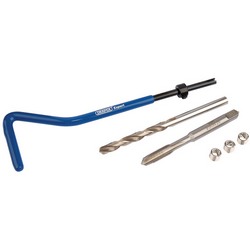 The Draper Metric Thread Repair Kit, M5 X 0.8 - DHCK-A by Draper includes a blue-handled thread repair tool, a drill bit, a tap, and three stainless steel inserts for restoring damaged threads and creating stronger assemblies.