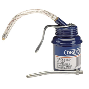 The Draper Force Feed Oil Can, with a 125 ml capacity and part number 027-0, features a blue design with a rigid metal spout and an attached flexible braided hose. The label indicates stock number 21716. This essential Draper oil can is perfect for precision lubrication tasks.