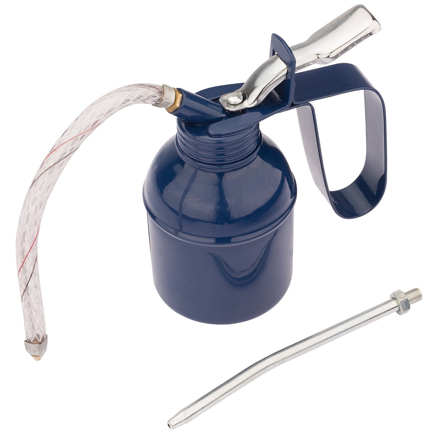 The Draper Force Feed Oil Can, 200ml - 027-1, featuring a blue body with an attached flexible spout and a separate metal nozzle, is pictured on a white background.