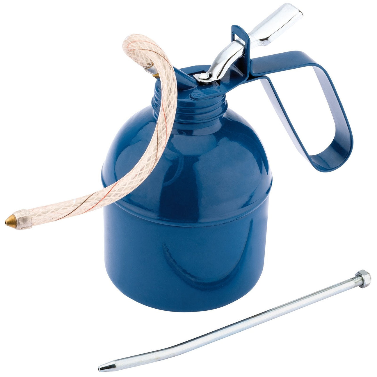 The Draper Force Feed Oil Can, 700Ml - 027-4, by Draper, is a blue oil can equipped with a flexible spout and a metal handle. It also includes an additional straight rigid spout nozzle.