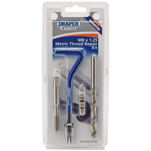 The Draper Metric Thread Repair Kit, M8 X 1.25 - DHCK-A by Draper includes a blue-handled tool, tap, coil set with stainless steel inserts, and a drill bit packaged in clear plastic. It's perfect for restoring damaged threads and creating stronger assemblies.