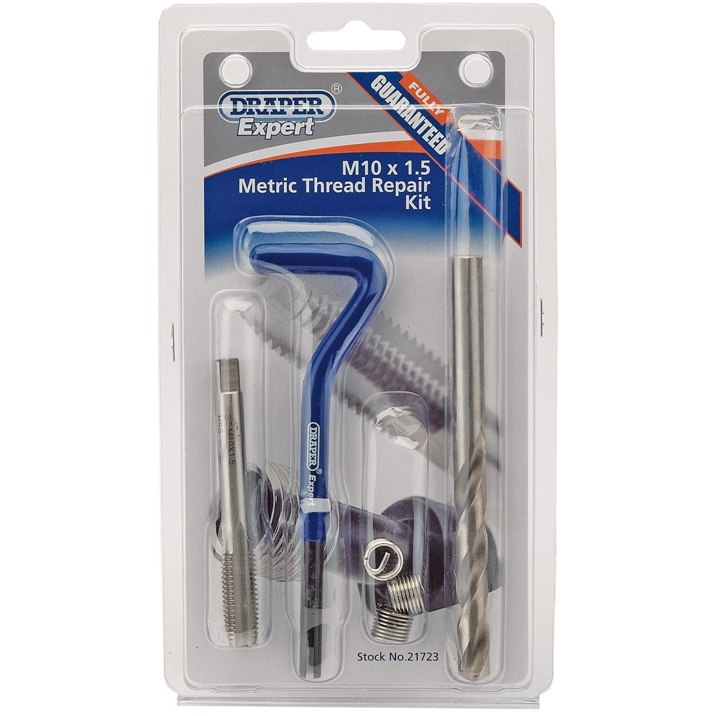 The Draper Metric Thread Repair Kit, M10 x 1.5 - DHCK-A, includes a blue handle, stainless steel inserts, drill bit, and tap within its clear plastic packaging. With stock number 21723, it is perfect for fixing damaged threads and preventing thread wear.