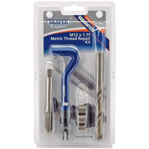 The Draper Metric Thread Repair Kit, M12 X 1.75 - DHCK-A, from Draper is packaged in a clear plastic case, showcasing various tools and components along with stainless steel inserts. This kit is ideal for fixing damaged threads and creating stronger assemblies.