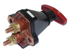 A close-up of the Sparex Battery Cut Off Switch - Heavy Duty, 600 Amps, 12-24V (Sparex Part Number: S.21748), featuring two copper terminals and a red handle.