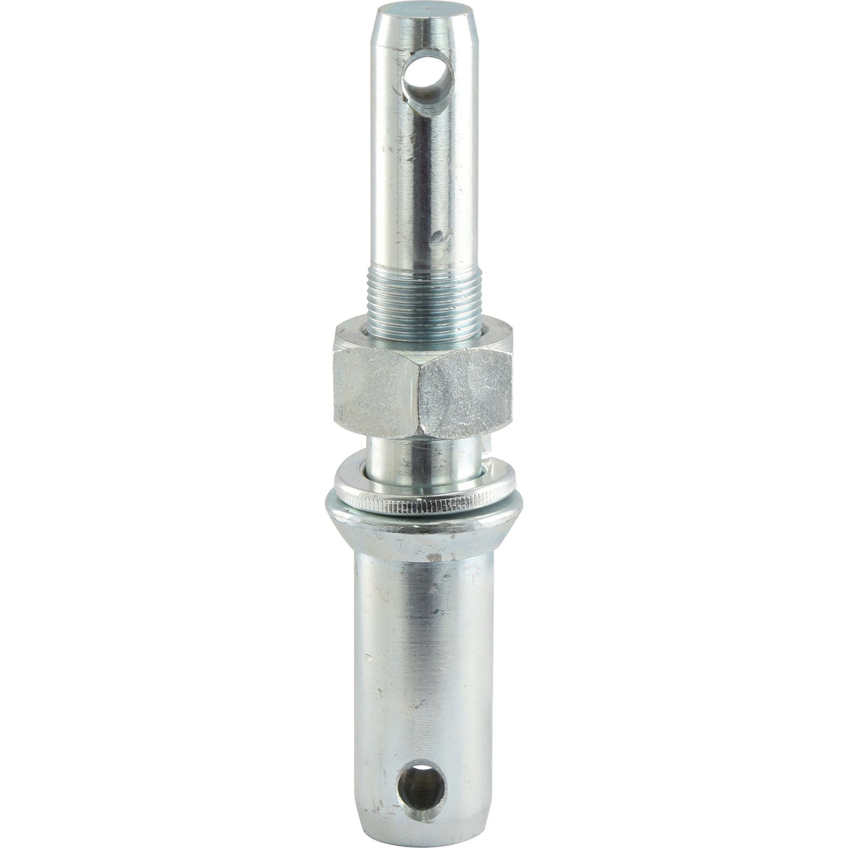 A metallic cylindrical component with threaded and drilled holes, featuring a hexagonal nut in the middle section, resembling the Lower Link Implement Pin Dual 28 - 36x209mm with Thread Size M30x42mm Cat. 2/3 (Sparex Part No. S.21756) by Sparex.