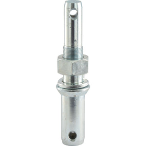 A metallic cylindrical component with threaded and drilled holes, featuring a hexagonal nut in the middle section, resembling the Lower Link Implement Pin Dual 28 - 36x209mm with Thread Size M30x42mm Cat. 2/3 (Sparex Part No. S.21756) by Sparex.