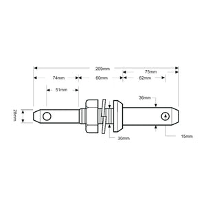 The technical diagram of a mechanical component features various measurements labeled, including lengths of 209mm, 74mm, and 75mm, and diameters of 28mm and 15mm. Highlighted among other specifications like metric thread sizes is the Sparex Lower Link Implement Pin Dual with dimensions of 28 - 36 x 209 mm and a thread size of M30 x 42 mm Cat. 2/3 (Sparex Part No. S.21756).