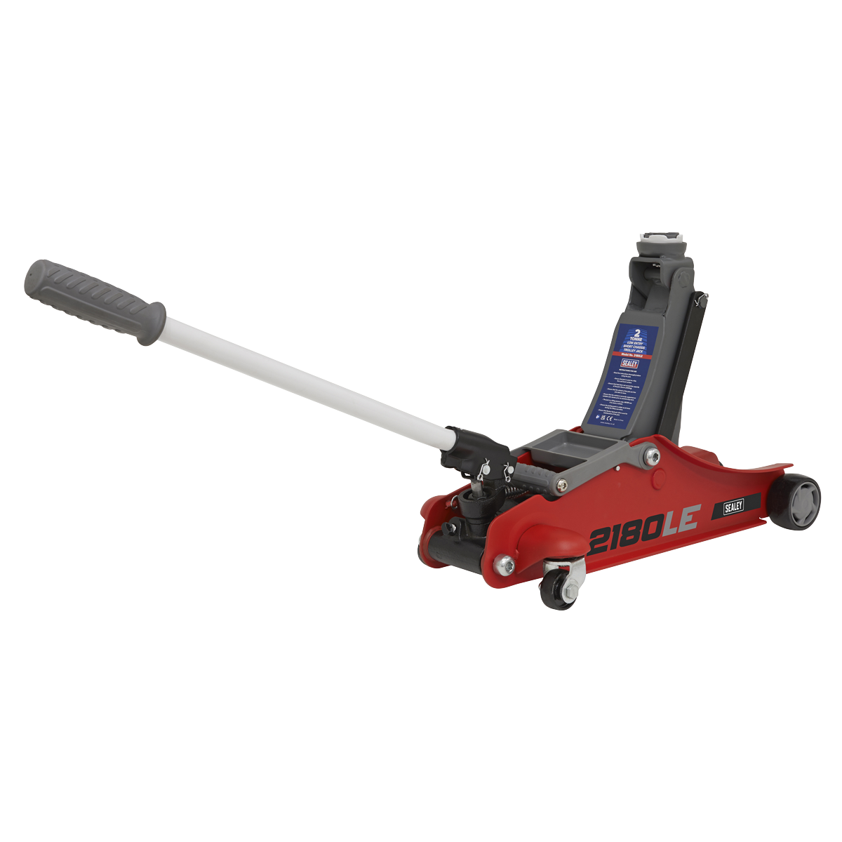 A red 180° Handle Trolley Jack featuring a low profile short chassis, labeled "2180LE" by Sealey, with a gray 180° turning handle raised.