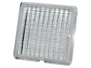 A square, transparent replacement lens with a ribbed texture, identified as Sparex Part Number S.21843, likely used as an industrial or architectural light cover.