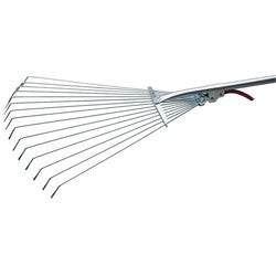 The Draper Adjustable Lawn Rake, 190 - 570mm - 3083 features a heavy gauge pressed steel construction, a long tubular steel handle, and flat, flexible tines specifically designed for collecting leaves and debris.