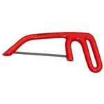 A Draper Knipex 98 90 Fully Insulated Junior Hacksaw Frame features a red, triangular frame with an ergonomic handle and a small metal blade for cutting, often equipped with junior hacksaw blades.