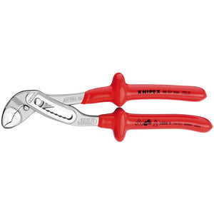 A pair of Draper Knipex Alligator® 88 07 250 fully insulated waterpump pliers, featuring red handles, an insulated grip, and adjustable settings, designed for electrical work and rated up to 1000 volts. These pliers are crafted from chrome vanadium steel and measure 250mm.