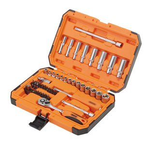 The Draper Hi-Torq® 6 Point Socket Set, 1/4" (47 Piece) - BD47M-O is showcased in an orange tool case that opens to reveal various sockets, a ratchet, and other hand tools neatly arranged in pre-molded compartments.