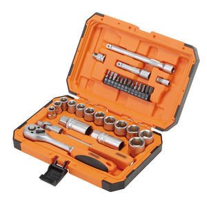 An open Draper Hi-Torq® 6 Point Socket Set, 1/4" And 3/8" (34 Piece) - BD34M-O tool case in orange and black, containing a ratchet wrench set with various sockets, extensions, and screwdriver bits.