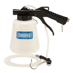 The Draper Pneumatic Brake Fluid Extractor, 1L - PBBB is a white plastic spray bottle featuring a black nozzle and handle. It comes with a connected white hose that has a hook on the end, making it ideal for single-person use. This branded DRAPER product is perfect for tasks like brake fluid replacement using pneumatic methods.