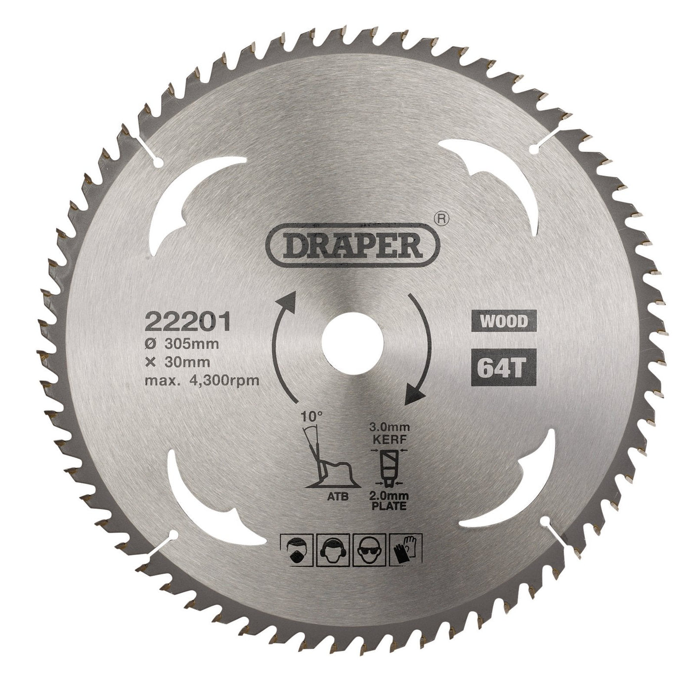 Close-up image of the Draper Tct Circular Saw Blade For Wood labeled "Draper", featuring a 305mm diameter, 30mm bore, 64 teeth, 3.0mm kerf, and a maximum speed of 4,300 RPM. Suitable for wood cutting. Model: SBW16.