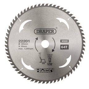 Close-up image of the Draper Tct Circular Saw Blade For Wood labeled "Draper", featuring a 305mm diameter, 30mm bore, 64 teeth, 3.0mm kerf, and a maximum speed of 4,300 RPM. Suitable for wood cutting. Model: SBW16.