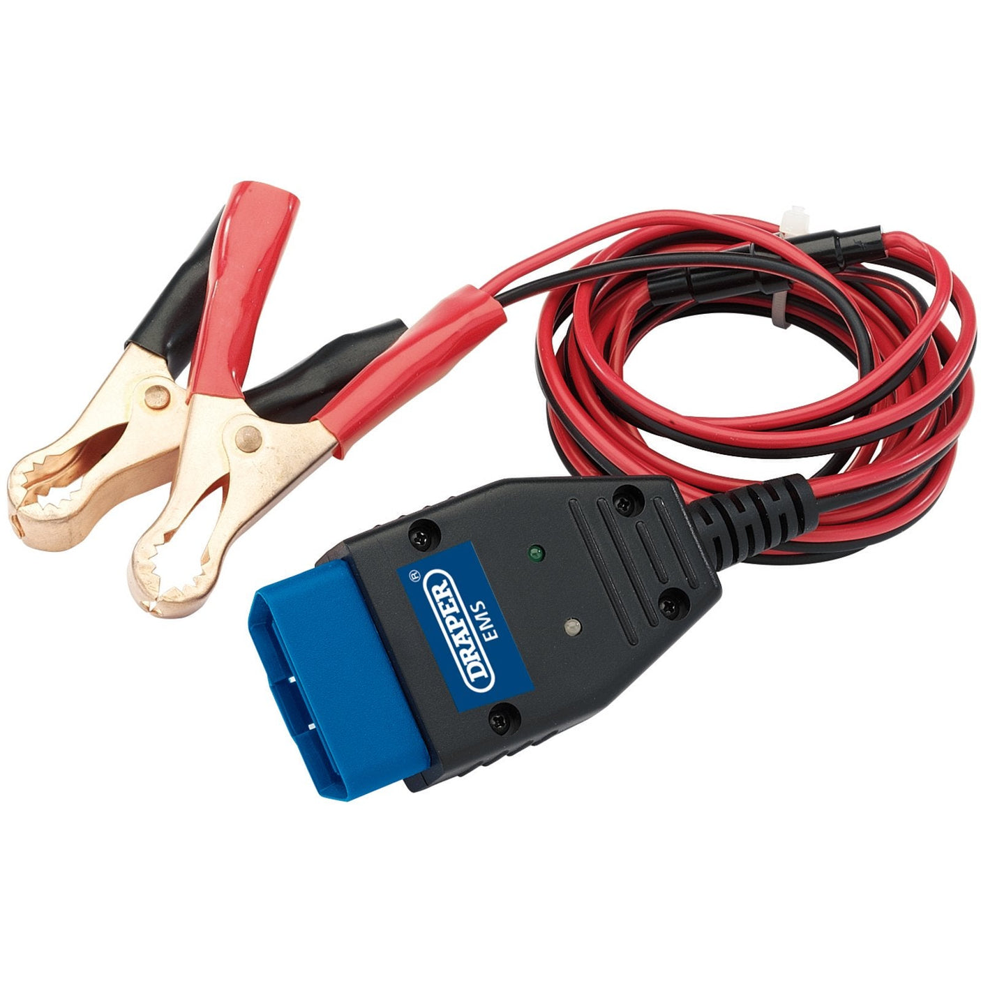 The Draper Eobd Memory Saver - EMS car diagnostic tool, branded "Draper," includes red and black alligator clips and a blue and black OBD-II connector with "Draper EMS" labeling. It features reverse polarity protection for safe use.