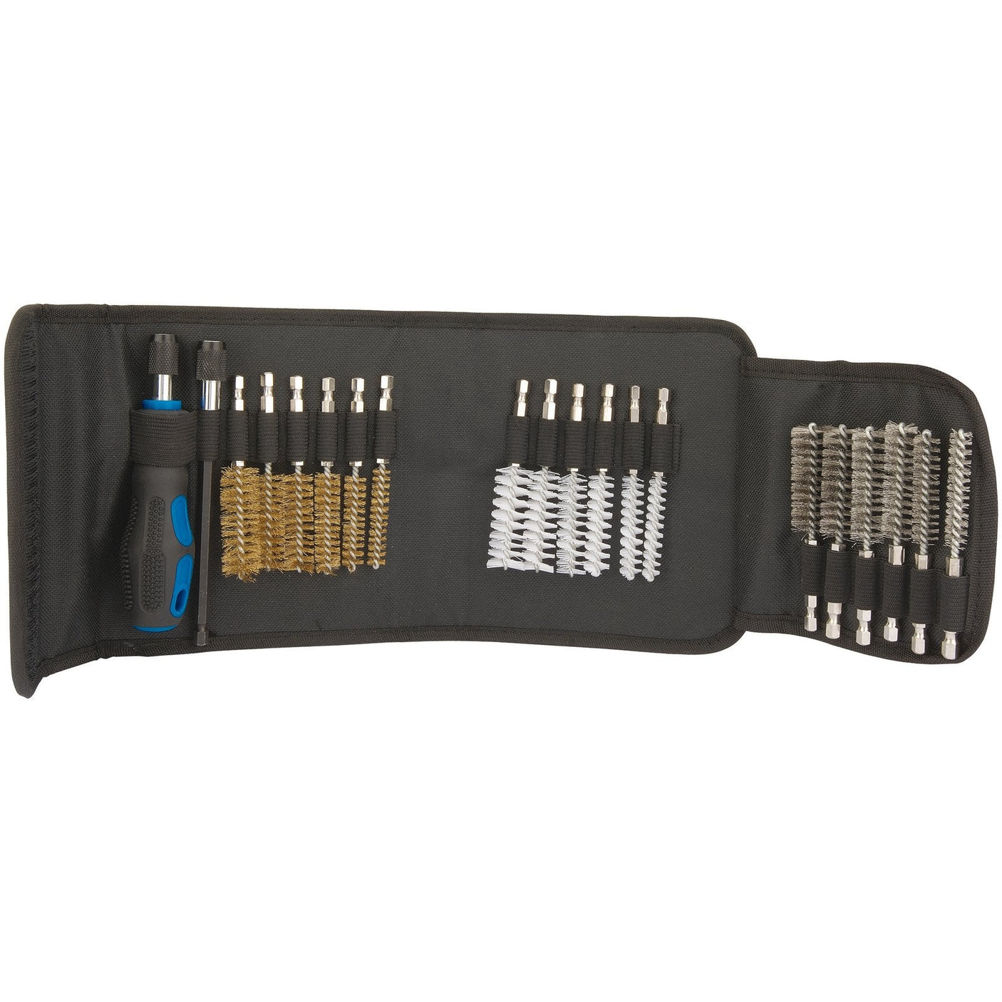 The Draper Wire Brush Set (20 Piece) - BBS features a black case that holds a variety of gun cleaning brushes and tools, including a screwdriver with multiple bits. Each component is neatly arranged in individual slots, alongside specialized nylon brushes for thread cleaning.