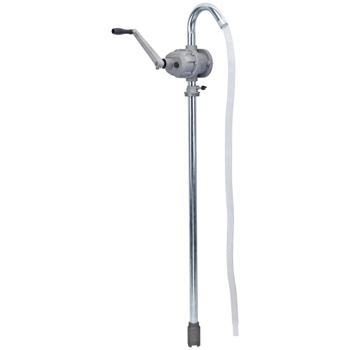 The Draper High Flow Rotary Hand Pump - RP-2, a product by Draper, is a geared rotary pump featuring a long metal intake tube and a bent discharge spout. It includes a crank handle on the side and has a flexible hose attached to the spout, making it perfect for dispensing low viscosity fluids from 205L drums.
