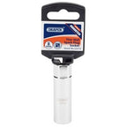 A Draper Hi-Torq® 8mm Thread Thin Wall 12 Point Spark Plug Socket, 3/8" Sq. Dr., 14mm - SPTW, made from durable chrome vanadium steel and complete with a swivel handle attachment, displayed in its packaging.