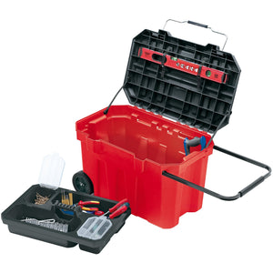 The Draper Expert Mobile Tool Chest - TB755 from Draper features heavy-duty wheels and a black open lid. Inside, a tray holds various small tools and screws. The tray can be pulled out and placed next to the tool chest, while the telescopic handle makes it easy to maneuver this toolkit around job sites.